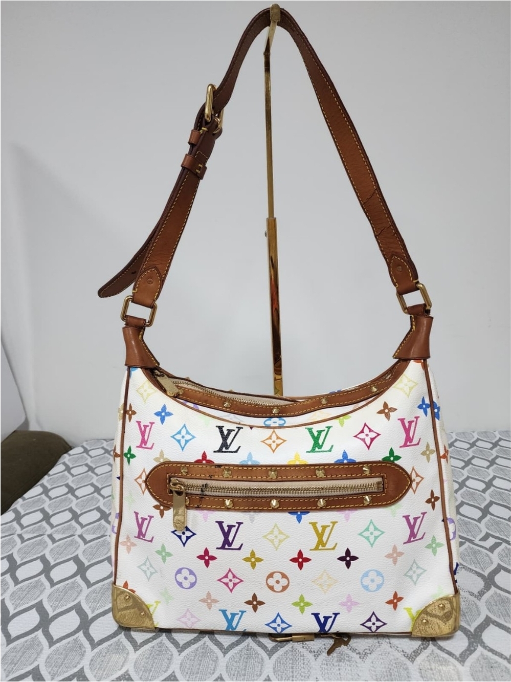 Louis Vuitton White Multicolor Monogram Shoulder Bag with Tan Leather Trim